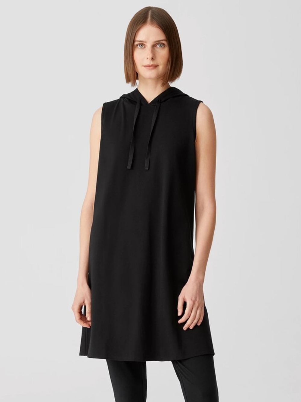 Eileen Fisher Traceable Organic Cotton Jersey Hooded Dress Black Sz L EUC
